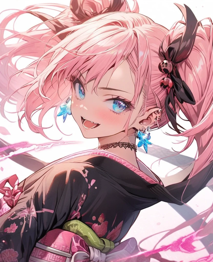 gal，Glittery earrings，pink glowing tattoo,Long pink hair,blue eyes,Ninja