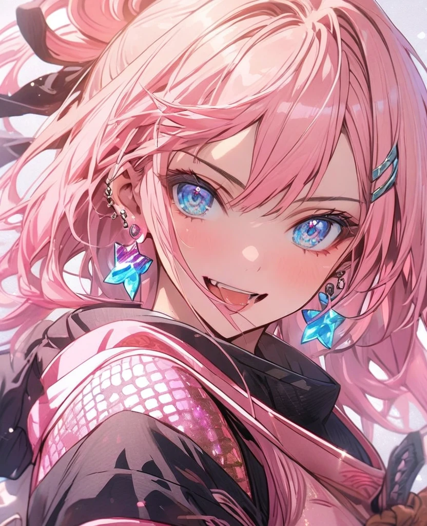 gal,Glittery earrings,pink glowing tattoo,Long pink hair,blue eyes,Ninja