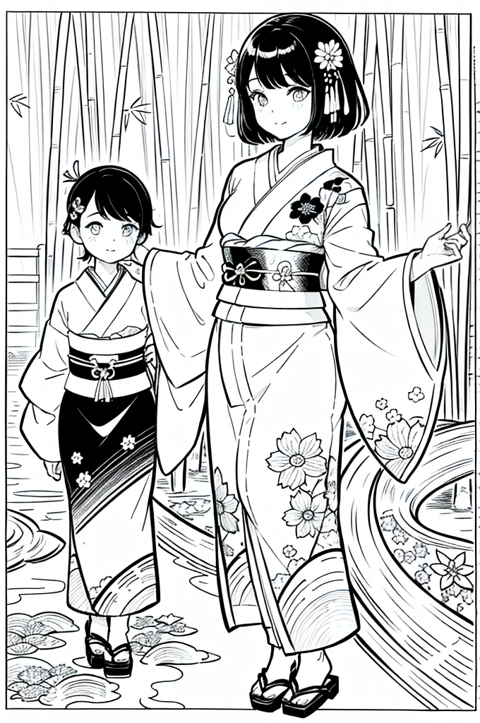 As a coloring book, the color should be black and white, the border should be simple, clear, and bold. [Girl with short brown hair] wearing a [kimono with koi fish pattern] strolling through the [Arashiyama Bamboo Forest] in Kyoto, Japan, with [kanzashi hair ornaments]