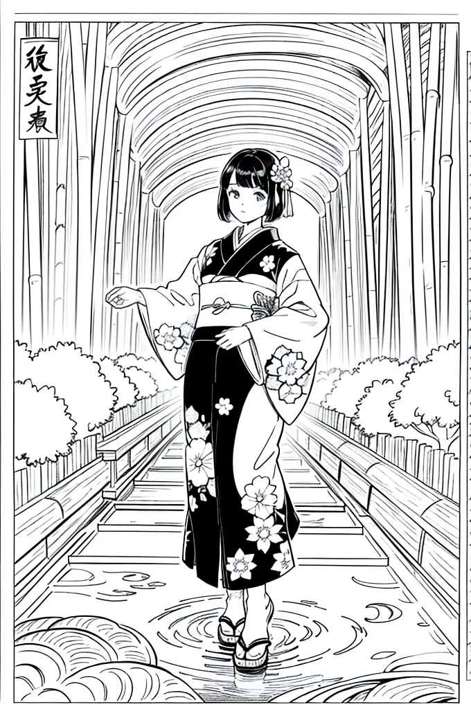 As a coloring book, the color should be black and white, the border should be simple, clear, and bold. [Girl with short brown hair] wearing a [kimono with koi fish pattern] strolling through the [Arashiyama Bamboo Forest] in Kyoto, Japan, with [kanzashi hair ornaments]