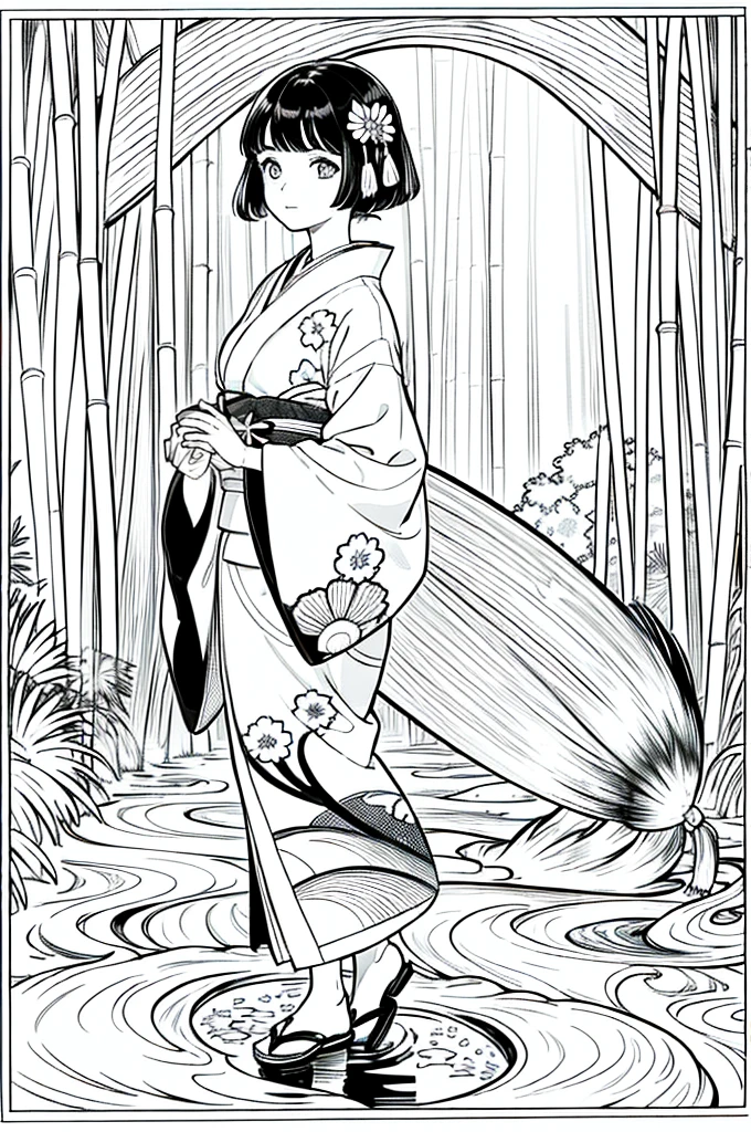 As a coloring book, the color should be black and white, the border should be simple, clear, and bold. [Girl with short brown hair] wearing a [kimono with koi fish pattern] strolling through the [Arashiyama Bamboo Forest] in Kyoto, Japan, with [kanzashi hair ornaments]
