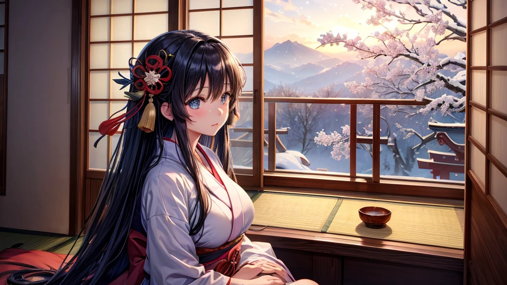 anime、Cinematic、A beautiful girl with long hair and large breasts is wearing a yukata、Looking out the window at the snowy scenery。Japan tatami room、Sitting upright、Calm and peaceful atmosphere、Gazing into the distance、High quality images、Super detailed、I can see the scenery outside the window、High quality、Erotic、G-cup bust
