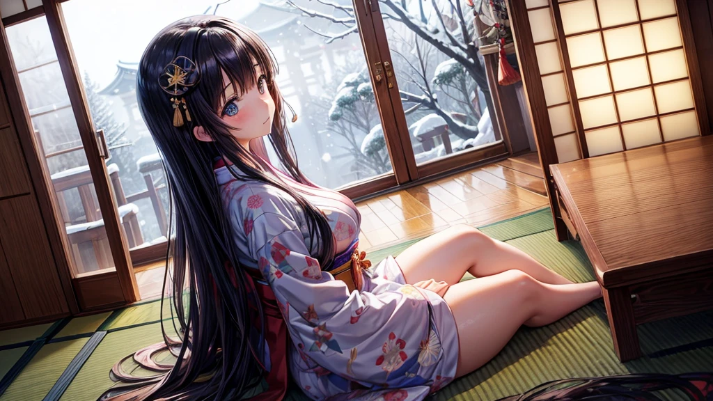  (8k、highest quality、masterpiece:1.2)、(Intricate details:1.4), Anime girl with flowers in her hair, sakimi chan, in kimono, In kimono, yukata, Anime Moe Art Style, classy yukata, Smooth anime CG art, Japanese Kimono, wear Kimono, Official artwork, 皇室のwear Kimono, wearing a simple robe, sakimichan, wear Kimono, red kimono, lying, ((spread legs)), legs up, hold own thighs, ((spread pussy:1.3))