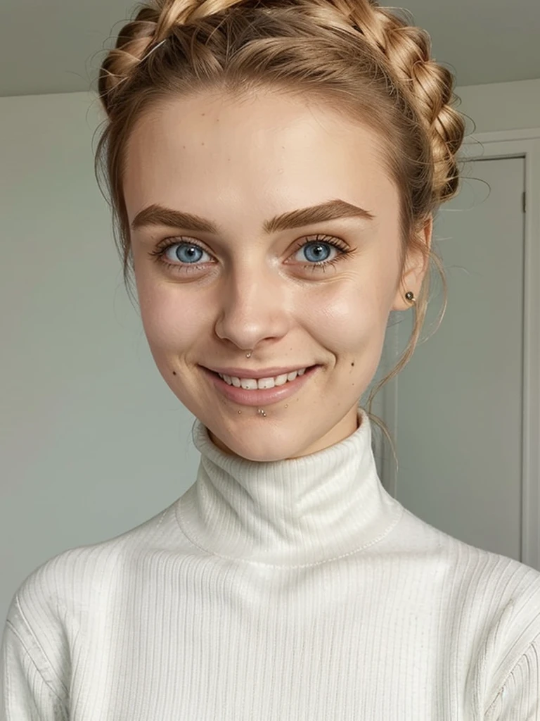 photo of a playful cute blonde submissive wife with big bulging beautiful eyes, messy long hair thrown into a messy bun ponytail. She wears: (turtleneck high ribbed bright tight white sweater:1.1), submissive seductive pose, high tight ribbed neck, seductive smile, perfect fake tits, turtleneck top, long neck, tall skinny girl, tight high neck turtleneck up to her chin, face tattoos