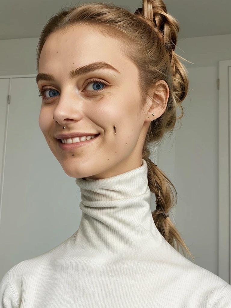 photo of a playful cute blonde teen submissive wife with big bulging beautiful eyes, messy long hair thrown into a messy bun ponytail. She wears: (turtleneck high ribbed bright tight white sweater:1.1), submissive seductive pose, high tight ribbed neck, seductive smile, perfect fake tits, turtleneck top, long neck, tall skinny girl, tight high neck turtleneck up to her chin, face tattoos