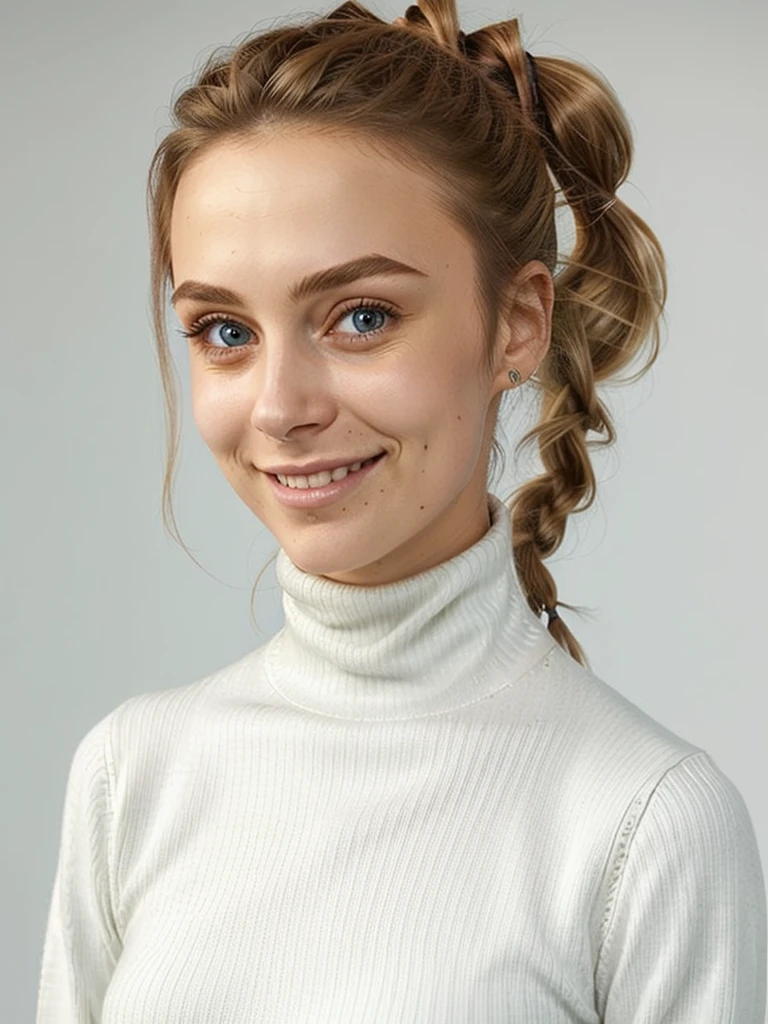 photo of a playful cute blonde teen submissive wife with big bulging beautiful eyes, messy long hair thrown into a messy bun ponytail. She wears: (turtleneck high ribbed bright tight white sweater:1.1), submissive seductive pose, high tight ribbed neck, seductive smile, perfect fake tits, turtleneck top, long neck, tall skinny girl, tight high neck turtleneck up to her chin, face tattoos