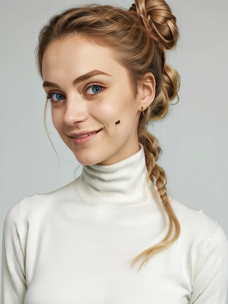 photo of a playful cute blonde teen submissive wife with big bulging beautiful eyes, messy long hair thrown into a messy bun ponytail. She wears: (turtleneck high ribbed bright  sweater:1.1), submissive  pose, high tight ribbed neck,  smile, perfect fake , turtleneck top, long neck, tall skinny girl, tight high neck turtleneck up to her chin, face tattoos