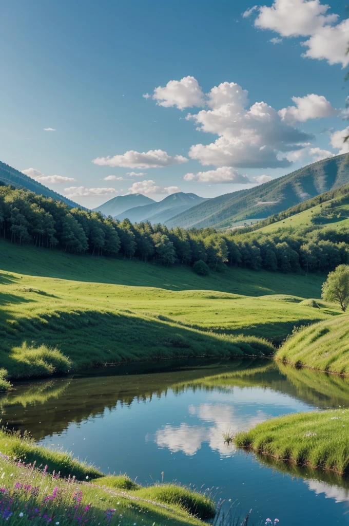 "Create an image of a beautiful and peaceful nature scenery. Include rolling hills covered in green grass, a calm, reflective lake, and a variety of trees and wildflowers. The sky should be clear with a few fluffy clouds, and the overall atmosphere should evoke a sense of tranquility and harmony with nature."