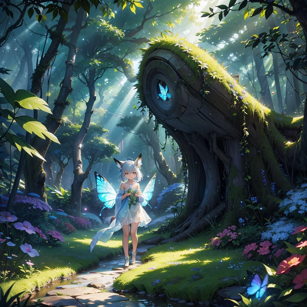 Imagine stumbling upon a magical plant deep within an enchanted forest. Picture vibrant, iridescent leaves that shimmer with an otherworldly glow, their edges adorned with delicate, silvery veins. The plant stands tall amidst a carpet of lush moss and wildflowers, emitting a faint, ethereal fragrance that lingers in the air. Nearby, small creatures—a fox with a silvery coat and a butterfly with translucent wings—seem drawn to the plant's mystical aura, adding to the sense of wonder and magic. Capture the essence of discovery and enchantment in this hidden corner of the forest, where nature's beauty intertwines with hints of ancient, arcane power."