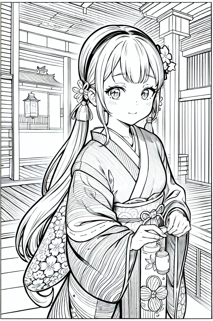 As a coloring book, the color should be black and white, the border should be simple, clear, and bold. [Girl with pigtails] wearing a [kimono with waves pattern] holding a [paper lantern] at the [Gion Matsuri festival] in Kyoto, Japan, with [sakura hair clips]