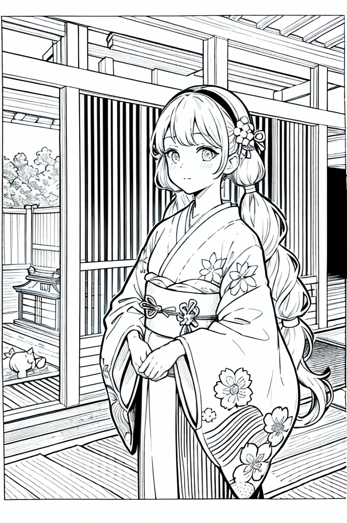 As a coloring book, the color should be black and white, the border should be simple, clear, and bold. [Girl with pigtails] wearing a [kimono with waves pattern] holding a [paper lantern] at the [Gion Matsuri festival] in Kyoto, Japan, with [sakura hair clips]