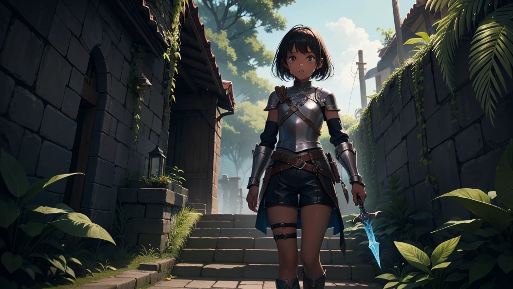 最high quality、high quality、Simple Cloth Armor、10Year-old girl adventurer、Descend the maze stairs、Shorts、Equipped with a dagger and a shield、In a dark maze、The body is being swallowed by slime