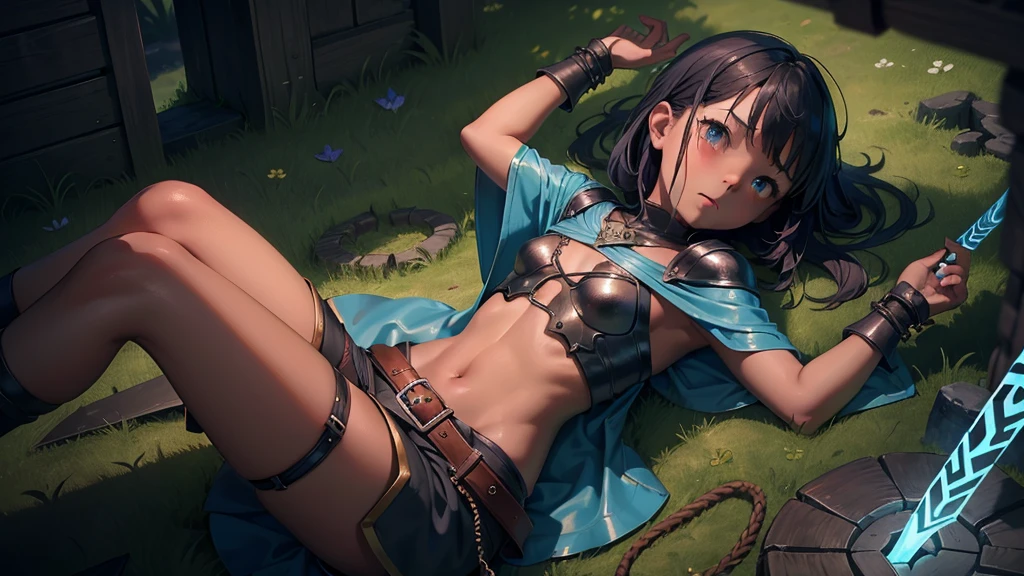 最high quality、high quality、Simple Cloth Armor、10Year-old girl adventurer、Descend the maze stairs、Shorts、Equipped with a dagger and a shield、In a dark maze、The body is being swallowed by slime