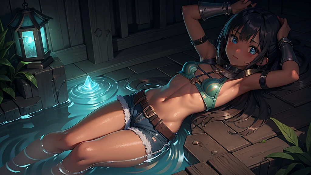 最high quality、high quality、Simple Cloth Armor、10Year-old girl adventurer、Descend the maze stairs、Shorts、Equipped with a dagger and a shield、In a dark maze、The body is being swallowed by slime
