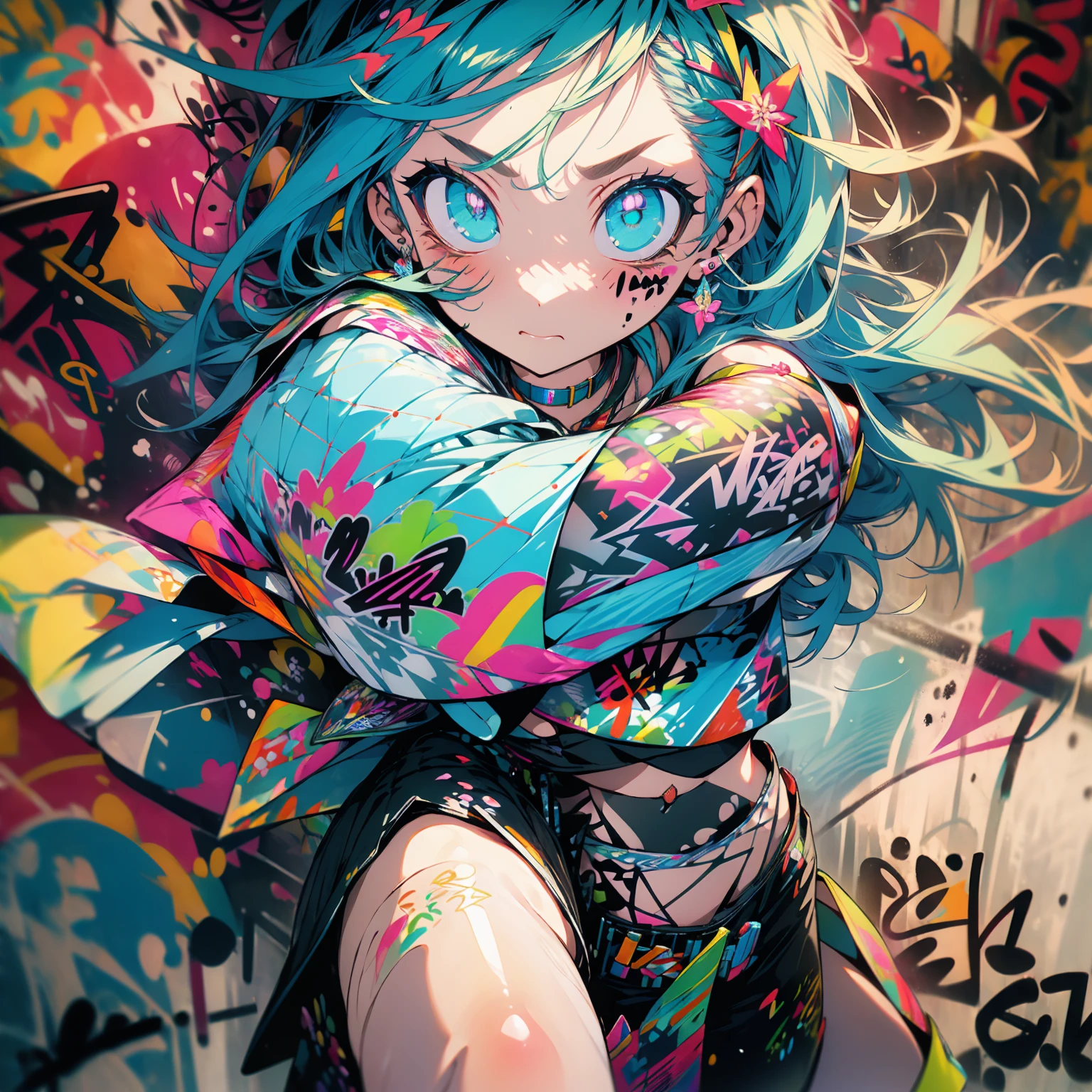 masterpiece, Highest quality, One girl, alone, Crop top, Shorts, choker, (graffiti:1.5), Against the wall, View your viewers, Thighs、Tilt your head, Multicolored Hair, Aqua Eye, flower、