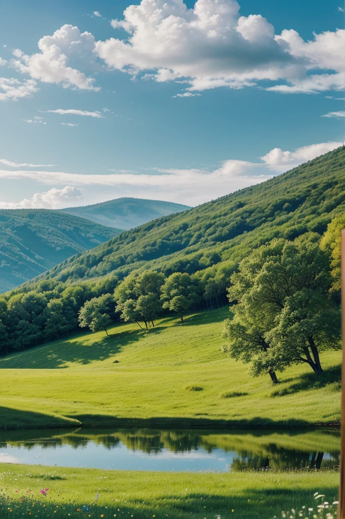 "Create an image of a beautiful and peaceful nature scenery. Include rolling hills covered in green grass, a calm, reflective lake, and a variety of trees and wildflowers. The sky should be clear with a few fluffy clouds, and the overall atmosphere should evoke a sense of tranquility and harmony with nature."
