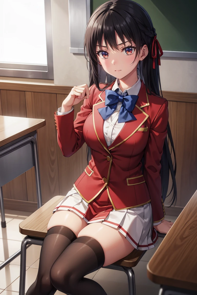 suzune horikita, long hair, black hair, (red eyes:1.3), hair ribbon, braid, smile,
BREAK bow, , jacket, bowtie, blue bowtie, blazer, (red blazer:1.5), skirt, white skirt,((black thighhighs))
BREAK indoors, classroom,sitting,full body
BREAK looking at viewer,
BREAK (masterpiece:1.2), best quality, high resolution, unity 8k wallpaper, extremely detailed face,(perfect hands, perfect anatomy),