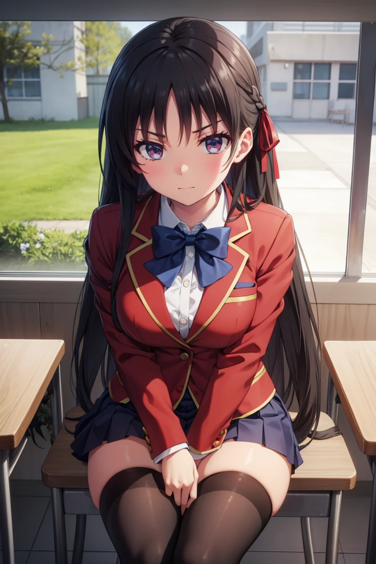 suzune horikita, long hair, black hair, (red eyes:1.3), hair ribbon, braid, smile,
BREAK bow, , jacket, bowtie, blue bowtie, blazer, (red blazer:1.5), skirt, white skirt,((black thighhighs))
BREAK indoors, classroom,sitting,full body
BREAK looking at viewer,
BREAK (masterpiece:1.2), best quality, high resolution, unity 8k wallpaper, extremely detailed face,(perfect hands, perfect anatomy),