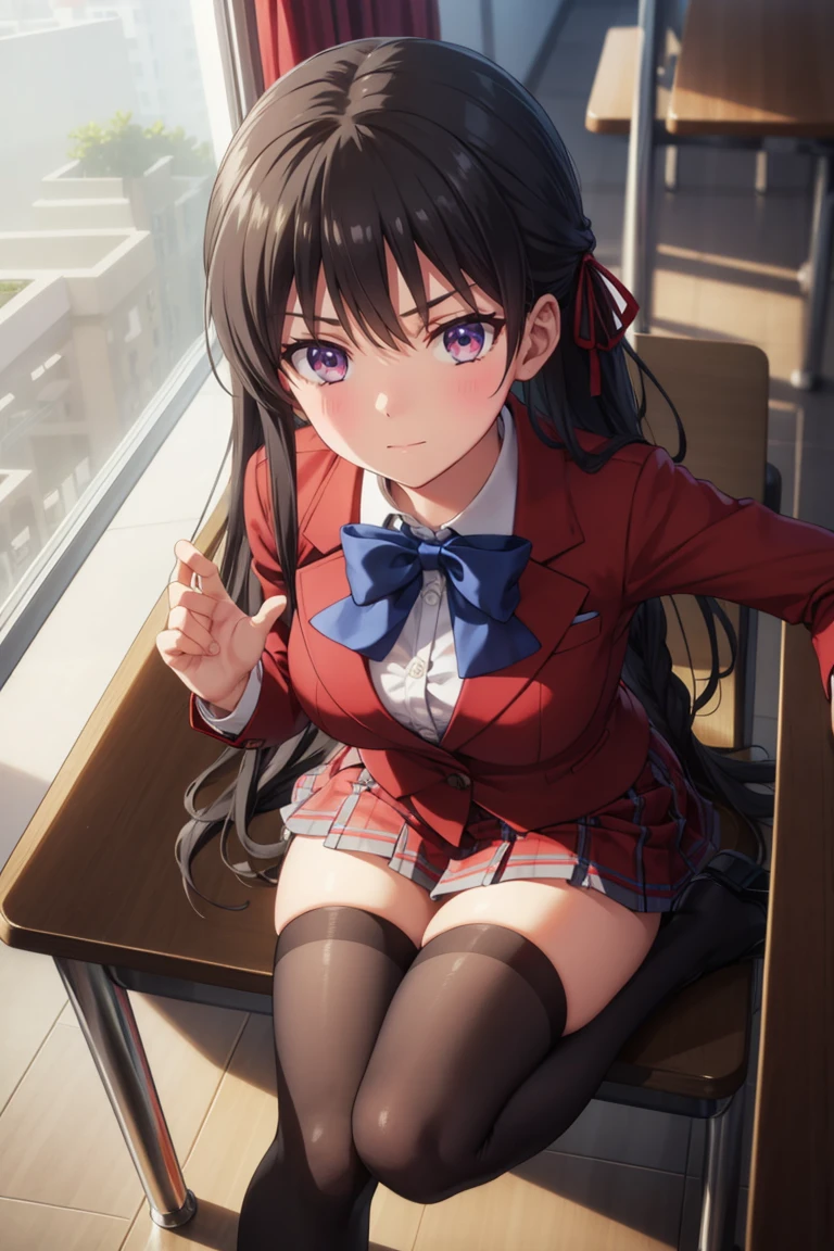 suzune horikita, long hair, black hair, (red eyes:1.3), hair ribbon, braid, smile,
BREAK bow, , jacket, bowtie, blue bowtie, blazer, (red blazer:1.5), skirt, white skirt,((black thighhighs))
BREAK indoors, classroom,sitting,full body
BREAK looking at viewer,
BREAK (masterpiece:1.2), best quality, high resolution, unity 8k wallpaper, extremely detailed face,(perfect hands, perfect anatomy),