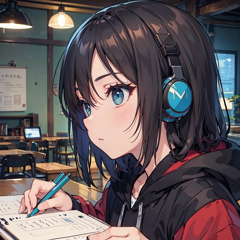 night、((机に向かってBarely)),(Headphones),((Barely)),(Serious profile),((Writing in a notebook)),((The eyes are on the notebook!!)),indoor, Super detailed, (((Very detailed eyes and face))), profile, masterpiece, Highest quality, Realistic portraits, hoodie, Very detailed, Dynamic Angle, The most beautiful form of chaos, elegant, Asian Taste