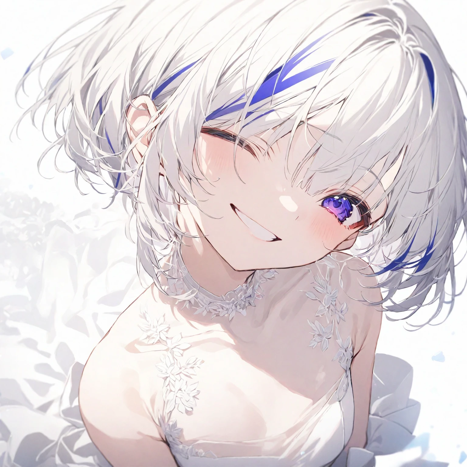 (masterpiece), (best quality), perfect face, beautiful girl, white background background, delicate and beautiful face and eyes, dark intense shadow, 
1 girl, vtuber style, cool girl, hololive,amane kanata, streaked hair, short hair, Wedding dress, small chest, cropped shoulders, clavicle, one eye close winking, smile, body visible through clothes, chest visible through clothes, (full body), looking at viewer, standing,