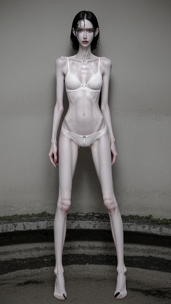 a woman, very thin body, body visible bones, very slender, sweaty wet body, pale white skin, panties, bra,tatto, full body, has a mental breakdown in an underground prison