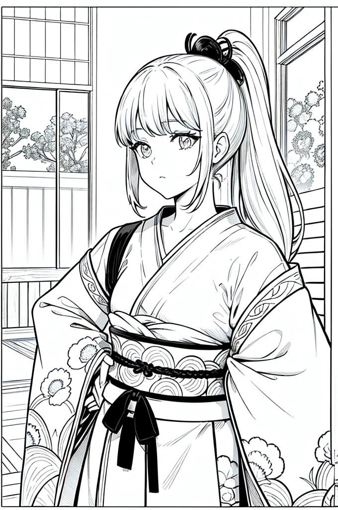As a coloring book, the color should be black and white, the border should be simple, clear, and bold. [Girl with a ponytail] wearing a [kimono with fox pattern] practicing [kendo] in a [dojo], with [hair ties decorated with fox charms]