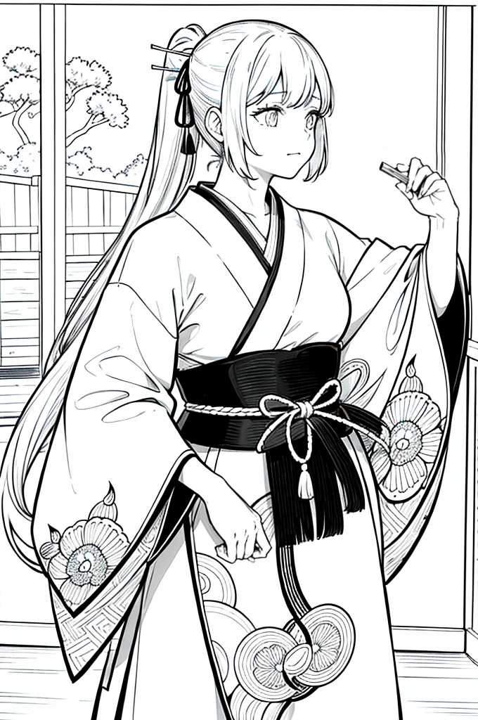 As a coloring book, the color should be black and white, the border should be simple, clear, and bold. [Girl with a ponytail] wearing a [kimono with fox pattern] practicing [kendo] in a [dojo], with [hair ties decorated with fox charms]