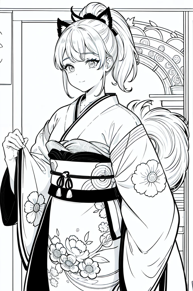 As a coloring book, the color should be black and white, the border should be simple, clear, and bold. [Girl with a ponytail] wearing a [kimono with fox pattern] practicing [kendo] in a [dojo], with [hair ties decorated with fox charms]