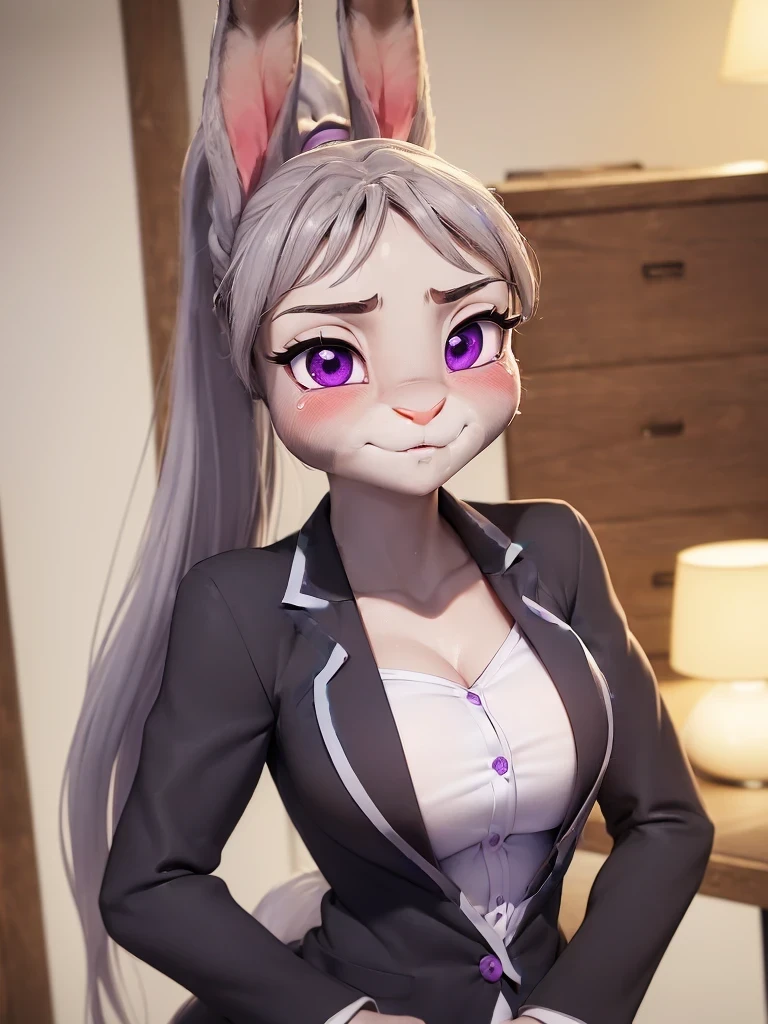 best quality,
masterpiece,
3D anime,
(((solo))),
(((1girl))),
(((Face is JudyHopps))),
(long ears like a rabbit:0.8),
Heir is in a ((ponytail)) style,
see-through bangs,
wispy bangs,
((Her eyes color is purple)),
6.5 head and body,
black office suit outfit,
office lady,
tight skirt,
All buttons are off,
Cleavage is completely exposed,
shoulder is completely exposed,
clavicle is completely exposed,
(outfit is made of wool:1.4),
(((body is made of wool fabric))),
(((body is gray with fluffy and fluffy))),
(((skin is wool fabric with fluffy and fluffy))),
((She is blushing in the cheeks)),
((clavicle is emphasized)),