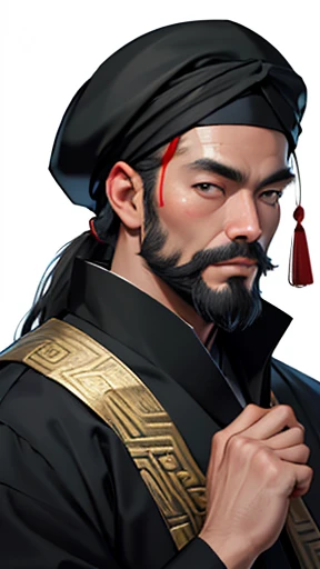 alone、Oriental、Ancient Chinese man in black costume、Hold the brush and show it、Highest quality、masterpiece、Ultra-high resolution、(Realistic:1.4)、Game Poster、Crisp and beautiful image quality、（Handsome bearded man）,Ancient Chinese hairstyle with a large plain white beret that loosely covers the head like a turban、