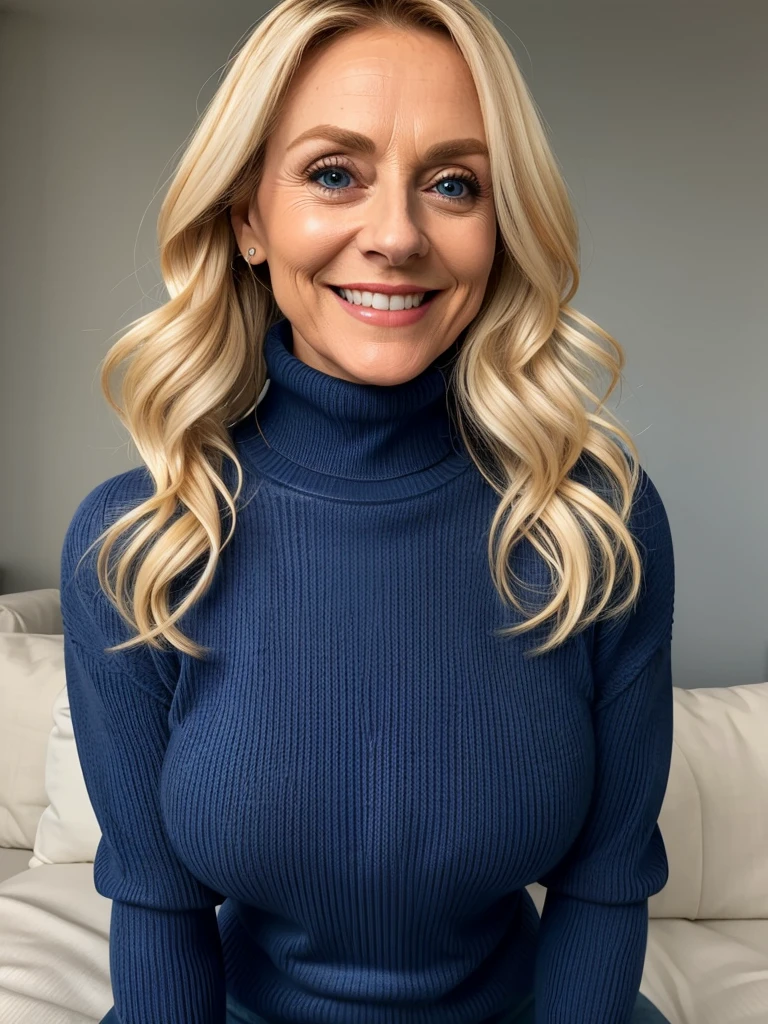 photo of a playful cute slutty horny blonde mature submissive wife with big bulging beautiful eyes, She wears: (turtleneck high ribbed bright tight dark blue sweater:1.1), submissive seductive pose, high tight ribbed neck, seductive smile, perfect fake tits, turtleneck top