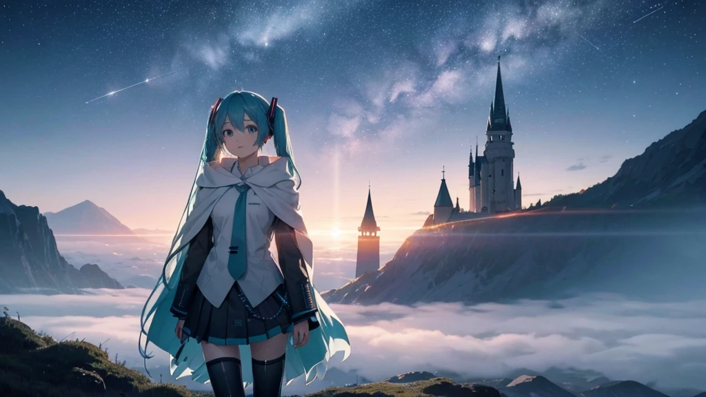 Set against the backdrop of an adventurous fantasy world、This is an image of Hatsune Miku.。She wears a mysterious cloak。The surroundings are shrouded in fog、In the distance you can see the silhouette of an ancient castle。The sky is a starry night、The moon casts a magical light over the forest.。