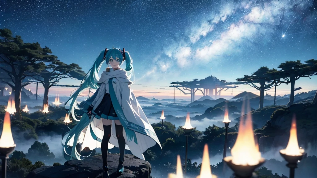 Set against the backdrop of an adventurous fantasy world、This is an image of Hatsune Miku.。She wears a mysterious cloak。The surroundings are shrouded in fog、In the distance you can see the silhouette of an ancient castle。The sky is a starry night、The moon casts a magical light over the forest.。