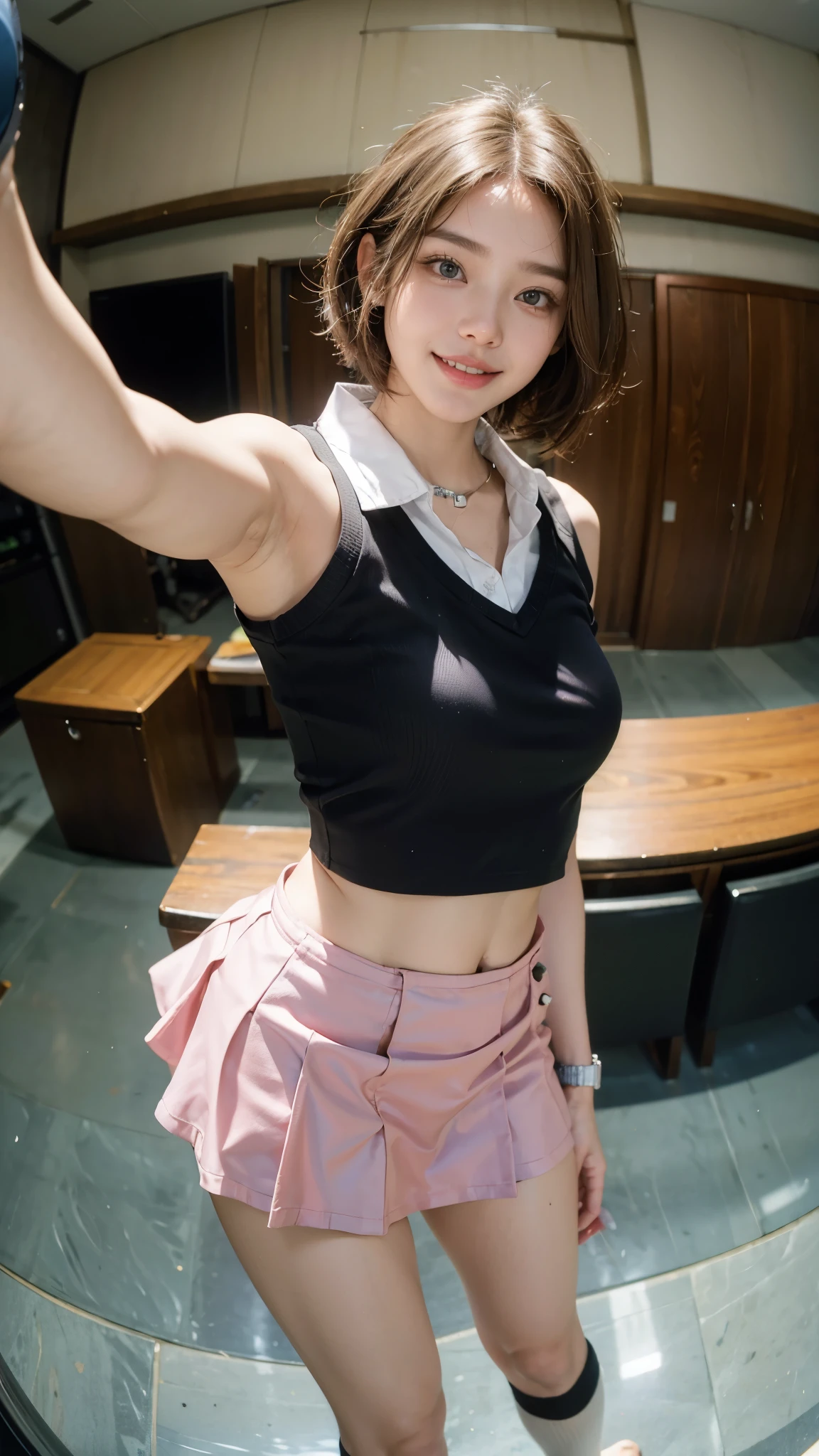 Highest quality, masterpiece, Ultra-high resolution,8K, (Realistic:1.6), (Face-to-face selfie portrait) RAW Photos, 1 Girl,(Full of smiles, Showing teeth)), 22 years old,((Korean Idol Karina Fashion)),((Miniskirt uniform and undershorts)),((Straight pink very short hair)),((Looking up at the audience)),Face Focus:1.4,((Selfie taken with a fisheye lens:1.4)),
