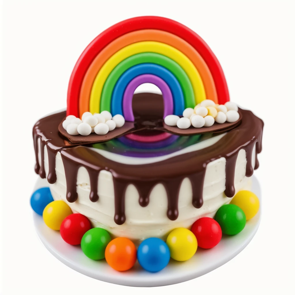 on a wooden table, on a white porcelain plate, a tiny cake, the walls of the cake are made of multi-colored chocolate bars, on top are multi-colored cream stripes, multi-colored candies in the form of balls, bright lights, soft light, window light, professional lighting, light from the window, neat light, realistic texture, realistic style, detailed texture, high quality, high resolution, high quality rendering, realistic photo, brightning light, macro photo
