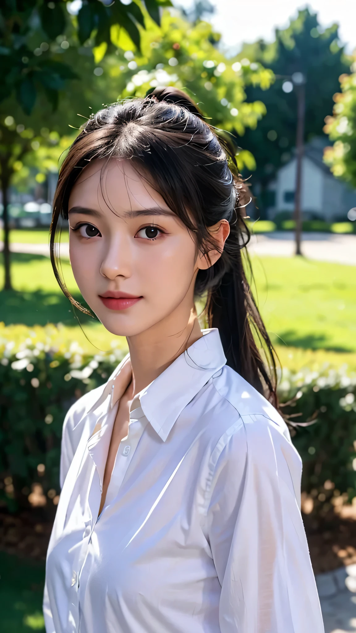 White collared shirt,jeans,outdoors,Urban Park,On the lawn,One woman,close up face,fully body photo,masutepiece, The highest image quality, High quality, the background is clear，Beautiful woman, Japanese, Detailed, Ultra-detailed, finely detail, hight resolution, 8K Wallpaper, Perfect dynamic composition, Beautiful detailed eyes ,Detailed eyes, Detailed skin, Beautiful skin, 超hight resolution, (reality: 1.4),Very beautiful woman, Slightly younger face, Beautiful skin, slender, (Ultra photo realsisim), (hight resolution), (8K), (Very detailed) (beautifully detailed eyes), (super detailed),   (Detailed face), view the viewer, Fine details, Detailed face, Staring straight ahead, Staring straight ahead, photos realistic, Bright lighting, Professional Lighting, Black hair,poneyTail,a baby face,sixteen years old,Hairstyle: ponytail,Long ponytail hairstyle,slight smile,