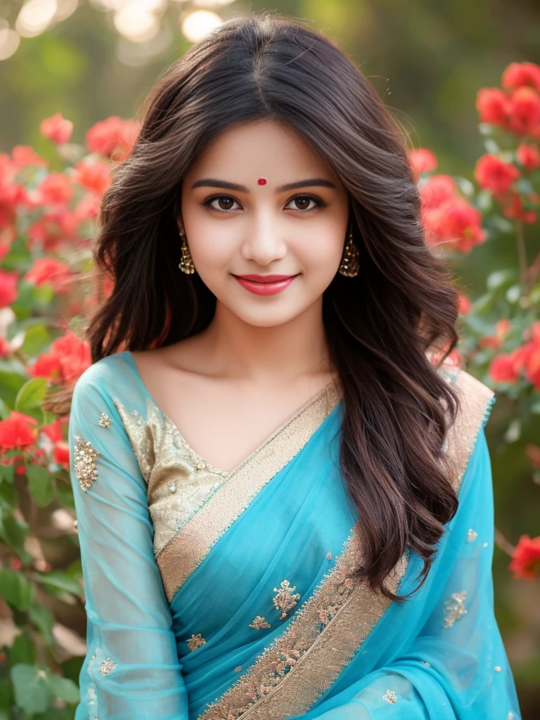 8K, ultra high detailed, an indian girl, cute smile realistic face, happy, long hair, impressive hairstyle, detailed eyes, detailed lips, indian clothes, saree, cherry red saree, lace, wearing jewellery, nature background, flowers, afternoon, shadow, clear weather, whole body capture,noch slim image long