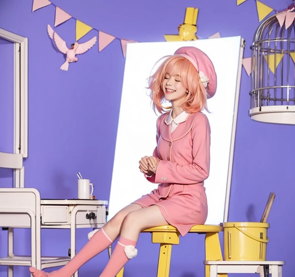 Live-action adaptation,Light orange hair,Hair length: Bob,Close your eyes, smile and open your mouth to sing,Pink Uniform,Pink long socks,Pink Beret,Pink ribbon at chest,