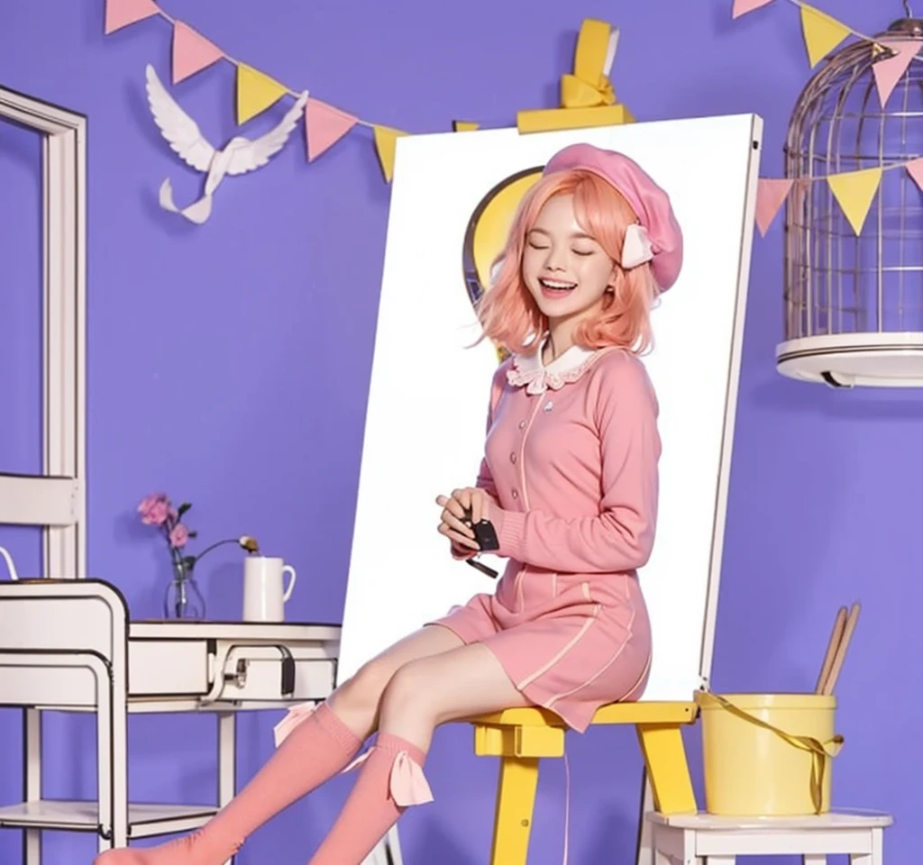 Live-action adaptation,Light orange hair,Hair length: Bob,Close your eyes, smile and open your mouth to sing,Pink Uniform,Pink long socks,Pink Beret,Pink ribbon at chest,