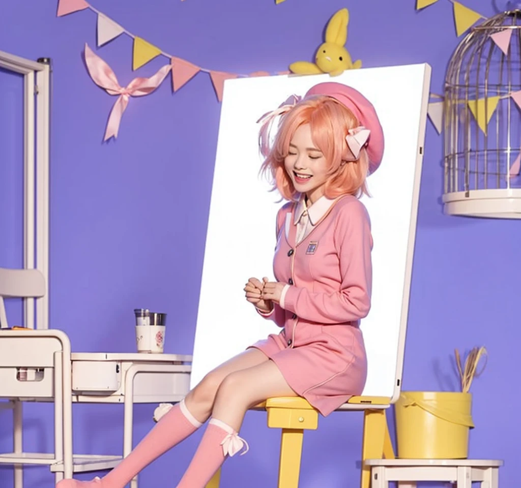 Live-action adaptation,Light orange hair,Hair length: Bob,Close your eyes, smile and open your mouth to sing,Pink Uniform,Pink long socks,Pink Beret,Pink ribbon at chest,