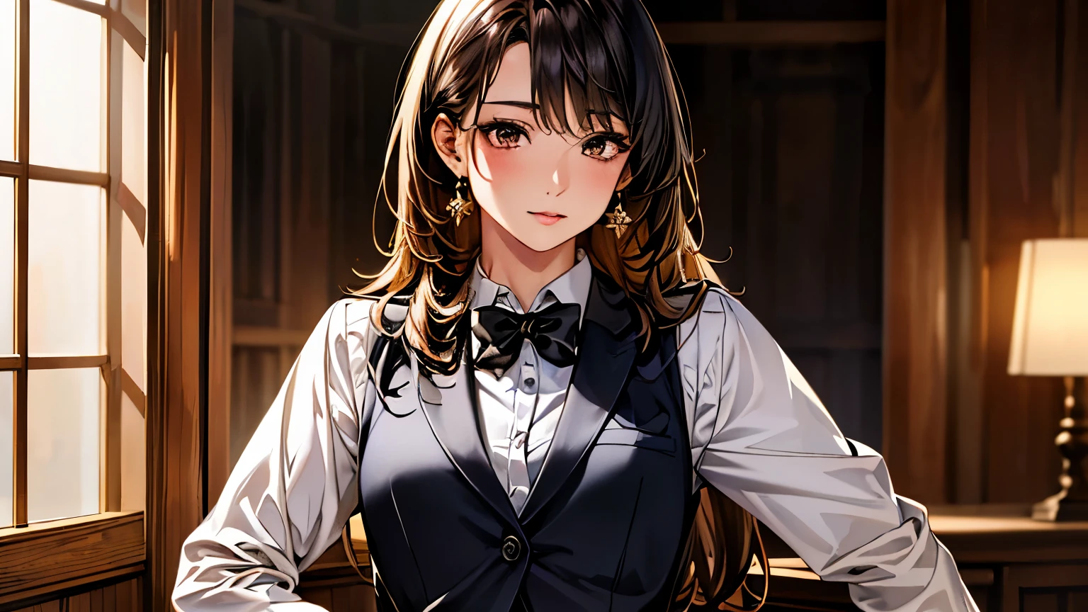 (masterpiece:1.3, Highest quality, Ultra-high resolution, Very detailed), (Realistic, photoRealistic:1.4), Beautiful illustrations, Perfect lighting, Natural light, colorful, Written boundary depth, 
Beautiful detailsまでこだわった髪, Beautifully detailed face, Beautiful details, Beautiful clavicle, Beautiful body, Beautiful breasts, Beautiful thighs, Beautiful legs, Beautiful fingers, 
Show Viewer, (Face Focus, Upper Body), 1 Girl, Japanese, high school girl, Perfect Face, (Perfect Anatomy, Anatomically correct), Cute and symmetrical face, , , Shiny skin, 
(Long Hair:1.4, Straight hair:1.7, Light brown hair,), Long eyelashes, (Medium Chest:1.6, Tight ass, Captivating thighs), thin, 
(((Long sleeve white shirt, black suit vest:1.4, black skinny mini skirt:1.4, Black bow tie, ), My thighs are shiny, Pink perspective, Very sexy, Total, Captivating thighs, Camel Toe)), Earrings, 
(Beautiful views), office, Stubborn, Roll up the skirt yourself,  Female, holding a coffee cup