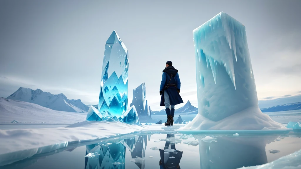 The scene is set in a surreal, icy landscape with massive blue ice pillars dominating the background. There are two characters present, both with similar appearances. One character stands atop a large ice pillar on the left side, looking towards the other character who is walking on the ground level on the right side. The ground is reflective, creating a mirror image of the characters and the ice pillars. The colors are predominantly blue, giving the scene a cold and serene atmosphere. The light is soft, coming from an unseen source, illuminating the ice structures and casting gentle reflections on the ground. The characters are dressed in light-colored clothes that contrast subtly with the blue background. There is a small, indistinct object on the ground near the walking character, adding a point of interest.