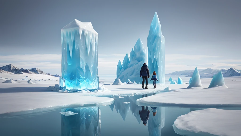 The scene is set in a surreal, icy landscape with massive blue ice pillars dominating the background. There are two characters present, both with similar appearances. One character stands atop a large ice pillar on the left side, looking towards the other character who is walking on the ground level on the right side. The ground is reflective, creating a mirror image of the characters and the ice pillars. The colors are predominantly blue, giving the scene a cold and serene atmosphere. The light is soft, coming from an unseen source, illuminating the ice structures and casting gentle reflections on the ground. The characters are dressed in light-colored clothes that contrast subtly with the blue background. There is a small, indistinct object on the ground near the walking character, adding a point of interest.