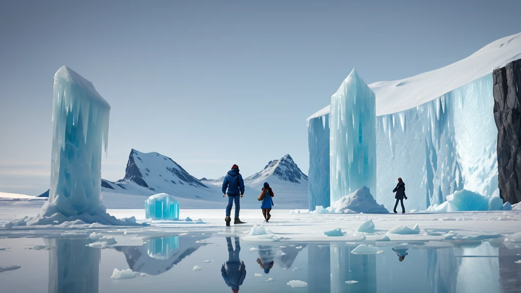 The scene is set in a surreal, icy landscape with massive blue ice pillars dominating the background. There are two characters present, both with similar appearances. One character stands atop a large ice pillar on the left side, looking towards the other character who is walking on the ground level on the right side. The ground is reflective, creating a mirror image of the characters and the ice pillars. The colors are predominantly blue, giving the scene a cold and serene atmosphere. The light is soft, coming from an unseen source, illuminating the ice structures and casting gentle reflections on the ground. The characters are dressed in light-colored clothes that contrast subtly with the blue background. There is a small, indistinct object on the ground near the walking character, adding a point of interest.