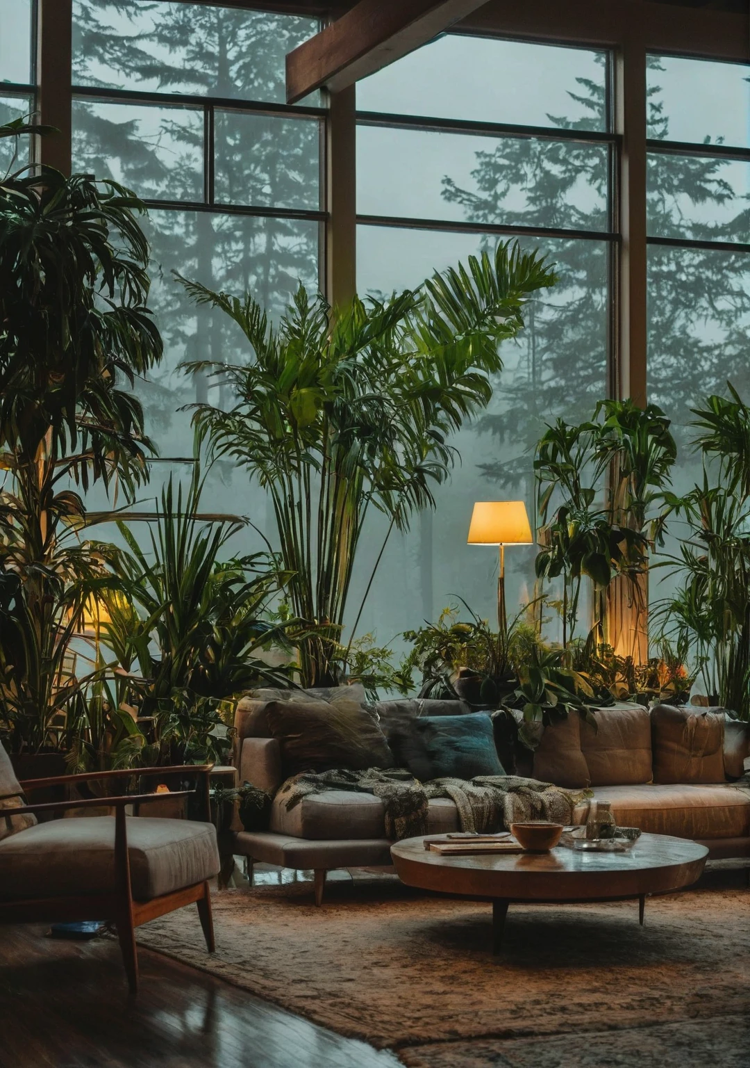 ((mid century modern living room)), dimly lit, (foggy rainy evening:1.2), pacific northwest, (dim lighting:1.2), (moody lighting:1.3), plants, large plants, many plants, (foggy windows:1.2), masterpiece, best quality, twilight hour, blue hour