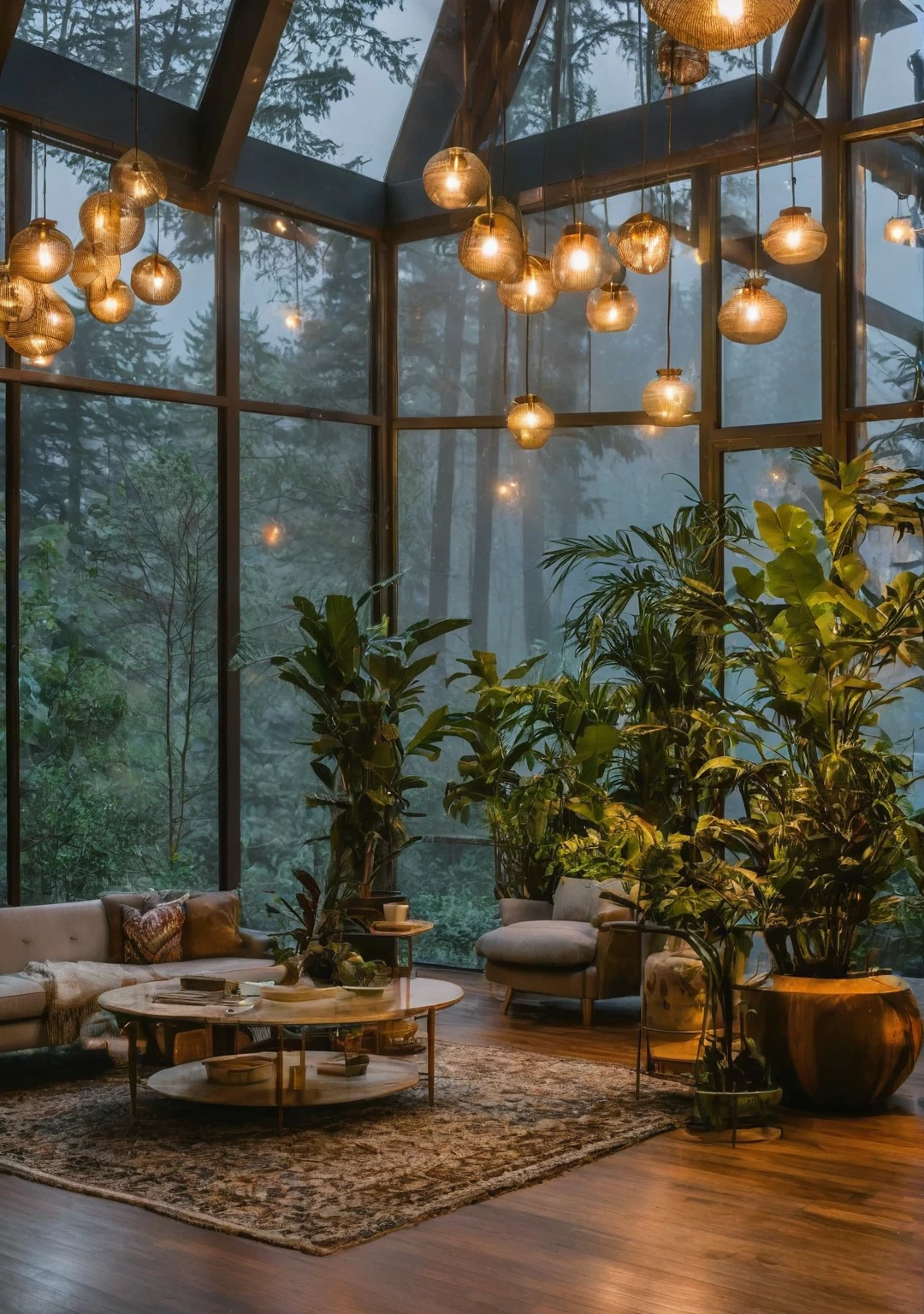 ((mid century modern living room)), dimly lit, (foggy rainy evening:1.2), pacific northwest, (dim lighting:1.2), (moody lighting:1.3), plants, large plants, many plants, (foggy windows:1.2), masterpiece, best quality, twilight hour, blue hour