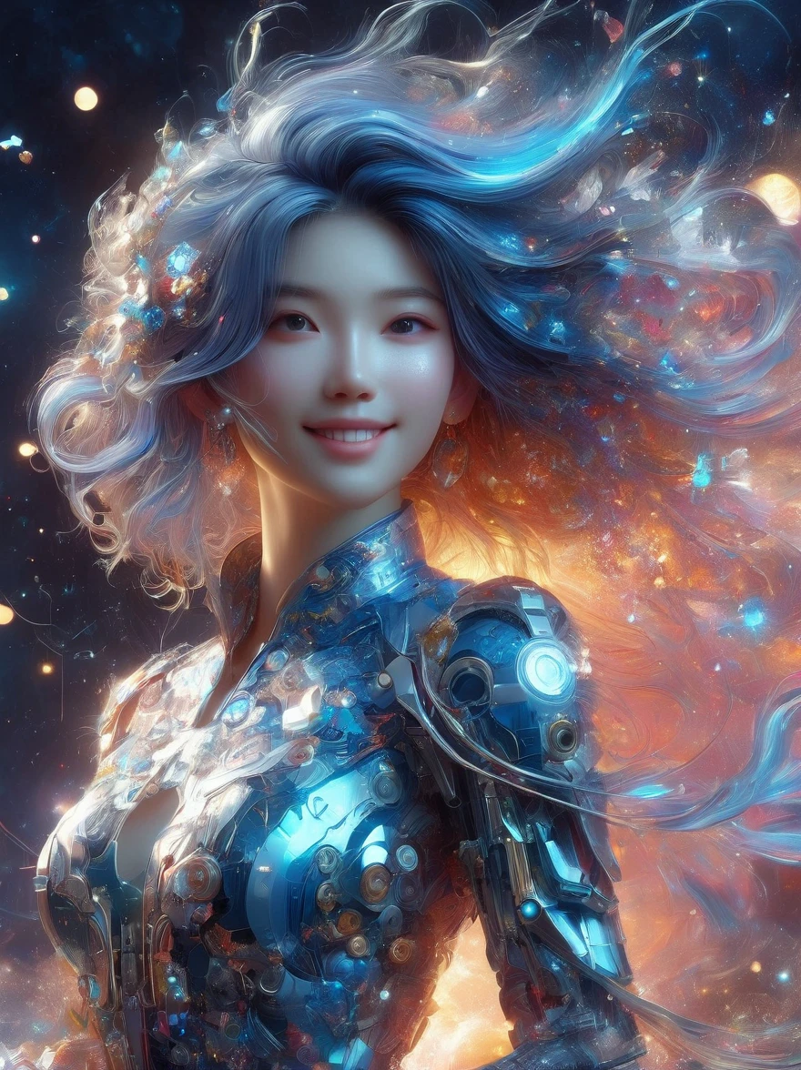 1xknh1, (full-body shot:1.4), Space Art, 1 Cheongsam woman,whole body,Standing,Transparent robotic arm,slim body,Perfect proportions,Exquisite hair accessories,Smile,Transparent mechanical shoes,Oriental elements,(bokeh),high quality,4K,3d