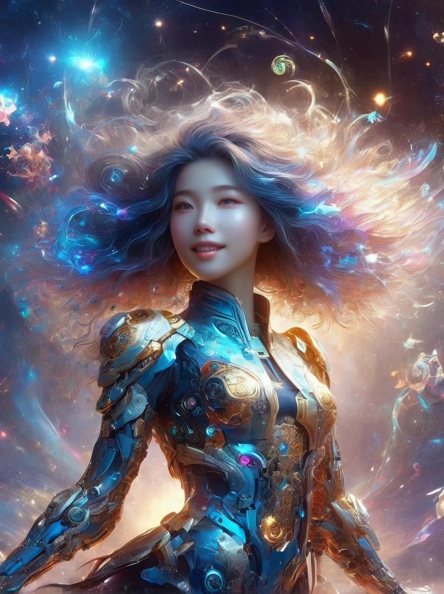 1xknh1, (full-body shot:1.4), Space Art, 1 Cheongsam woman,whole body,Standing,Transparent robotic arm,slim body,Perfect proportions,Exquisite hair accessories,Smile,Transparent mechanical shoes,Oriental elements,(bokeh),high quality,4K,3d