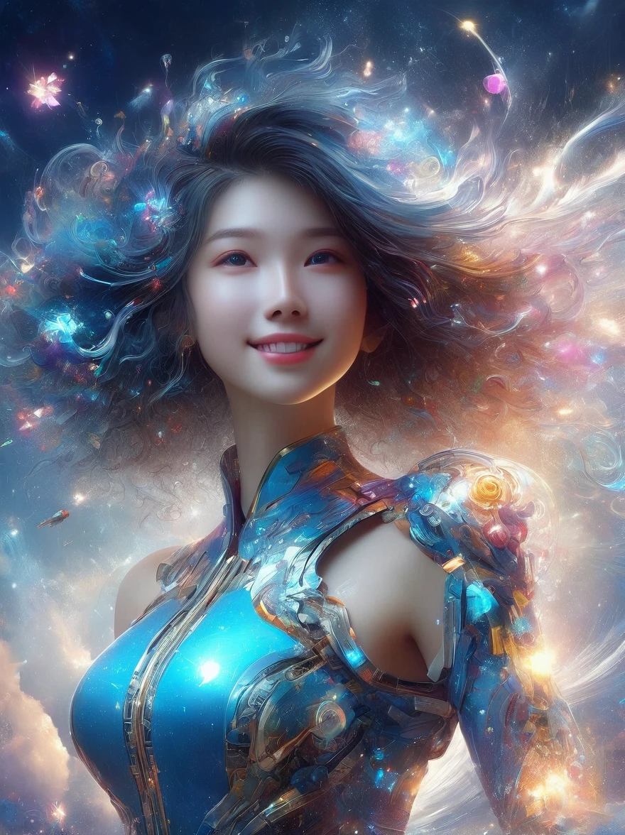1xknh1, (full-body shot:1.4), Space Art, 1 Cheongsam woman,whole body,Standing,Transparent robotic arm,slim body,Perfect proportions,Exquisite hair accessories,Smile,Transparent mechanical shoes,Oriental elements,(bokeh),high quality,4K,3d